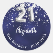 Sticker Rond 21e anniversaire marine bleu argent étoiles (Devant)