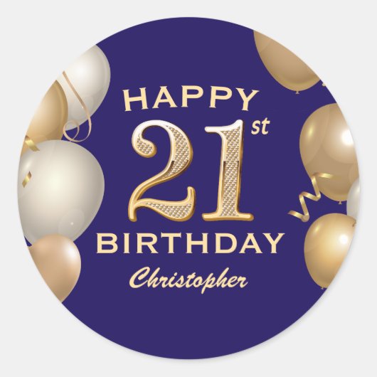 Sticker Rond 21e Anniversaire Marine Bleu et Ballons d'or (Devant)