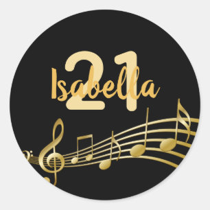 Sticker Rond 21e anniversaire noir or musique notes nom