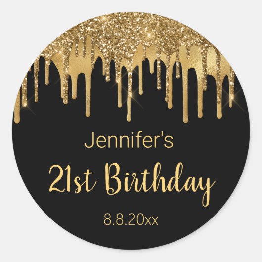 Sticker Rond 21e anniversaire noir parties scintillant gouttes (Devant)