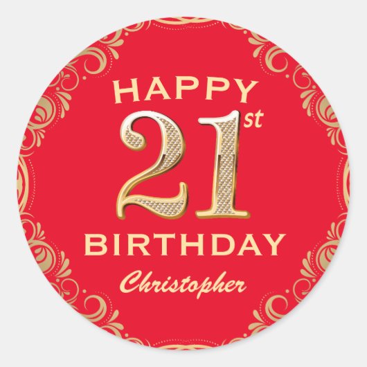 Sticker Rond 21e Anniversaire Parties scintillant rouge et or (Devant)