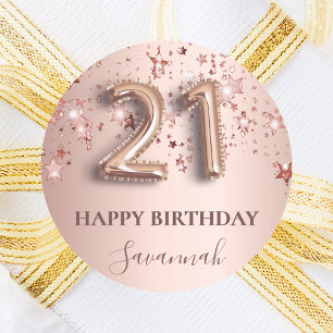 Sticker Rond 21e anniversaire rose or blush étoiles nom