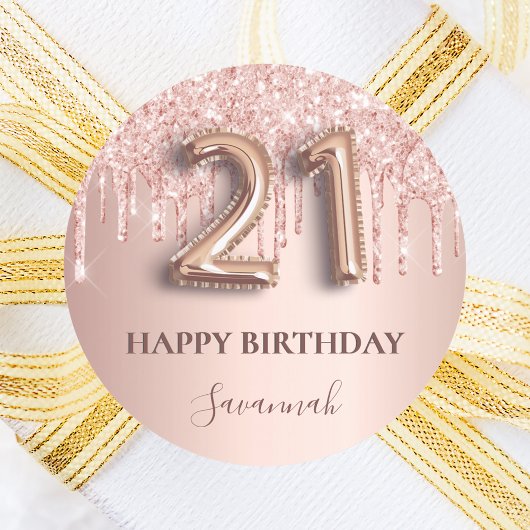 Sticker Rond 21e anniversaire rose or rose