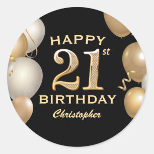 Sticker Rond 21e fête d'anniversaire Ballons Noir et Or