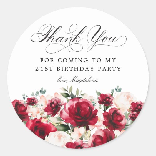 Sticker Rond 21e fête d'anniversaire Merci floral rose rouge (Devant)