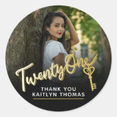 Sticker Rond 21st Birthday photo script gold effect 21 key (Devant)