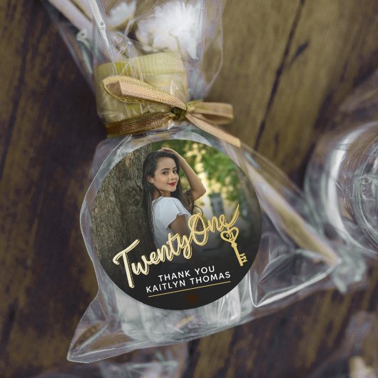 Sticker Rond 21st Birthday photo script gold effect 21 key