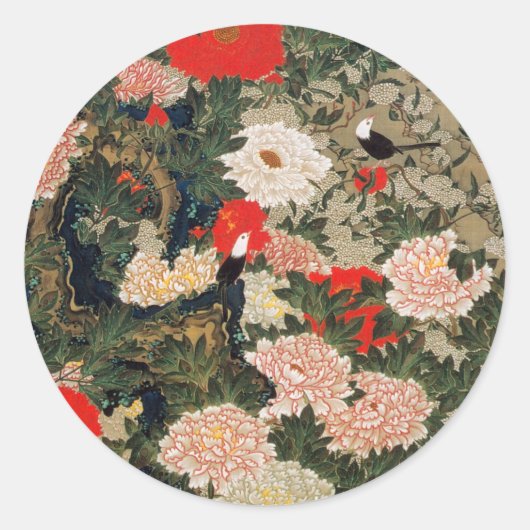 Sticker Rond 22. 牡丹小禽図, pivoines de 若冲 et petits oiseaux, (Devant)