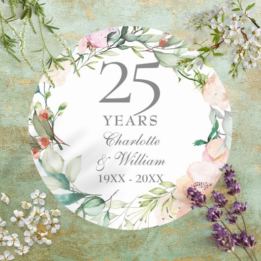 Sticker Rond 25 ans Argent Mariage Anniversaire Rose Floral