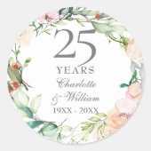 Sticker Rond 25 ans Argent Mariage Anniversaire Rose Floral (Devant)
