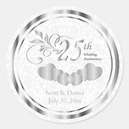 Sticker Rond 25e anniversaire du Mariage d'argent - Damas blanc (Devant)