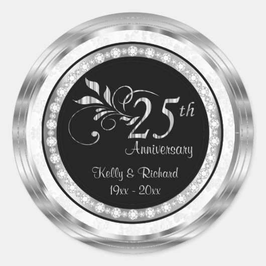 Sticker Rond 25e anniversaire du Mariage d'argent - Damas blanc (Devant)