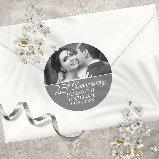 Sticker Rond 25e anniversaire du Mariage Photo Elegant Silver