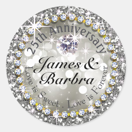 Sticker Rond 25e anniversaire Glitzy Diamond Bling | argent (Devant)
