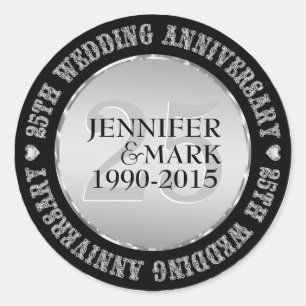 Sticker Rond 25E Anniversaire Mariage Métallique Argent Et Noir