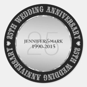 Sticker Rond 25E Anniversaire Mariage Métallique Argent Et Noir