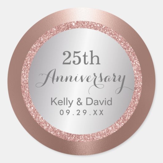Sticker Rond 25e anniversaire Mariage Rose moderne Gold Silver (Devant)