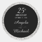 Sticker Rond 25e Anniversaire Noir Élégant Paillettes Argentées (Devant)