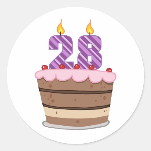 Sticker Rond 28 ans sur le gâteau d'anniversaire (Devant)