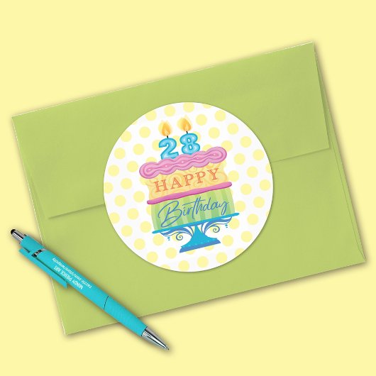 Sticker Rond 28e Joyeux gâteau d'anniversaire Dots jaunes