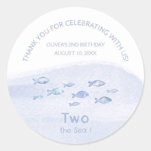 Sticker Rond 2e anniversaire bleu mer poisson mignon merci (Devant)