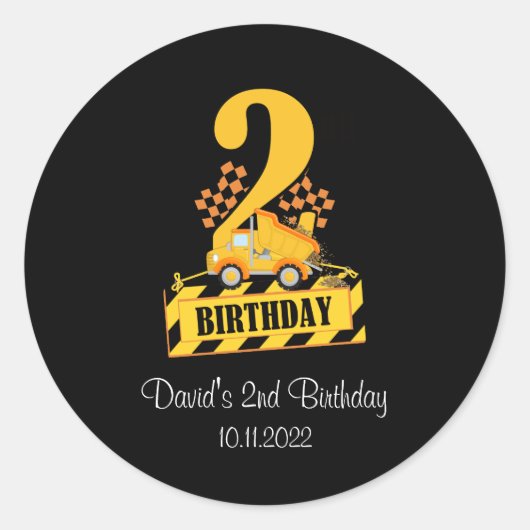Sticker Rond 2e anniversaire Camion de construction noir et jau (Devant)