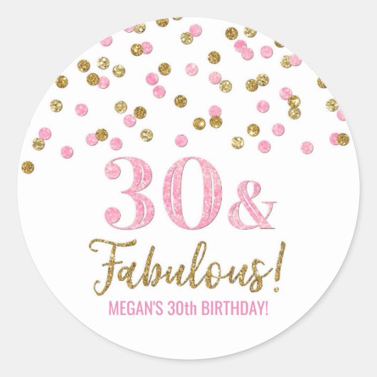 Sticker Rond 30 & Fabuleux Anniversaire Pink Gold Confetti (Devant)