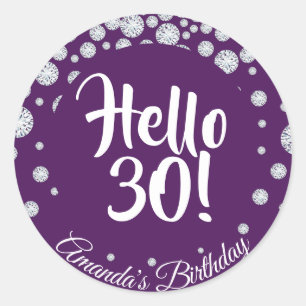 Sticker Rond 30e anniversaire de fête violet bonjour 30 nom dia