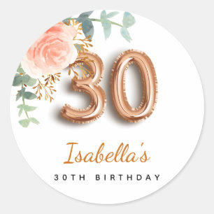 Sticker Rond 30e anniversaire floral rose or eucalyptus monogra