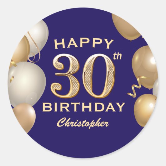 Sticker Rond 30e Anniversaire Marine Bleu et Ballons d'or (Devant)