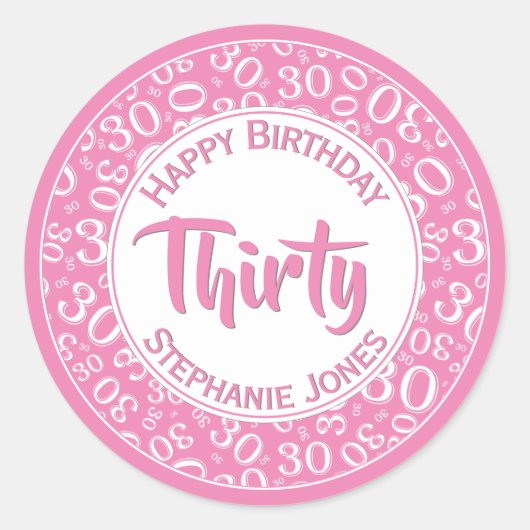 Sticker Rond 30e anniversaire Numéro Motif rose/blanc 30 (Devant)