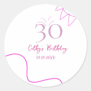 STICKER ROND 30E ANNIVERSAIRE ROSE VIOLET PASTEL DESSINÉ RÉTRO