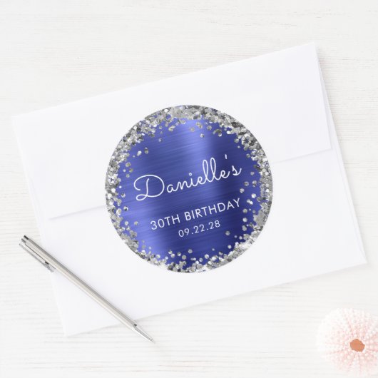 Sticker Rond 30e fête d'anniversaire Parties scintillant bleue  (Enveloppe)