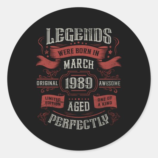 Sticker Rond 34Ème Légende Est Née En Mars 1989 (Devant)