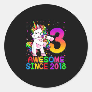 Sticker Rond 3 Ans Unicorne Flossant 3ème Anniversaire Girl Uni