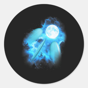 Sticker Rond 3 Planche de surf hurlant à la lune Surf bleu colo