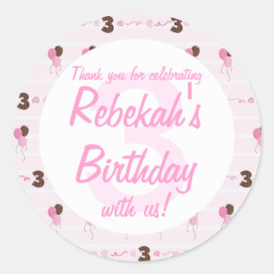 Sticker Rond 3e anniversaire Ballons roses et Merci des tourbil