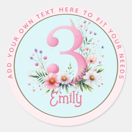 Sticker Rond 3e anniversaire Fairy Floral Pink Princess Fairyta (Devant)