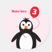 Sticker Rond 3e anniversaire pingouin ajouter nom rose (Devant)