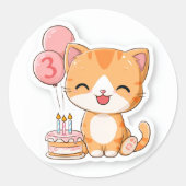 Sticker Rond 3rd Birthday, Kitten w Balloons & Cake,   (Devant)