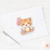 Sticker Rond 3rd Birthday, Kitten w Balloons & Cake,   (Enveloppe)