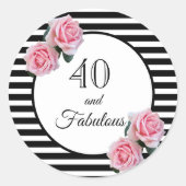 Sticker Rond 40 fabuleux anniversaire noir rayures rose florale (Devant)