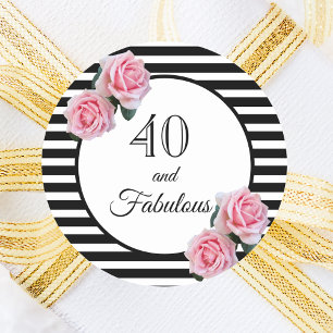 Sticker Rond 40 fabuleux anniversaire noir rayures rose florale
