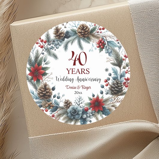 Sticker Rond 40e anniversaire de mariage de rubis Élégant Hiver