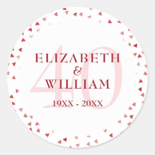 Sticker Rond 40e Anniversaire de Mariage Rubis Cœurs Confettis 