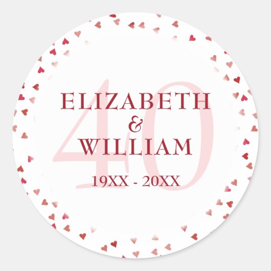 Sticker Rond 40e Anniversaire de Mariage Rubis Cœurs Confettis (Devant)