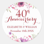 Sticker Rond 40e anniversaire du Mariage de Ruby Roses aquarell (Devant)