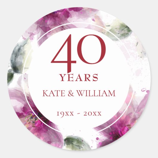 Sticker Rond 40e anniversaire du Mariage Ruby Aquarelle Florale (Devant)