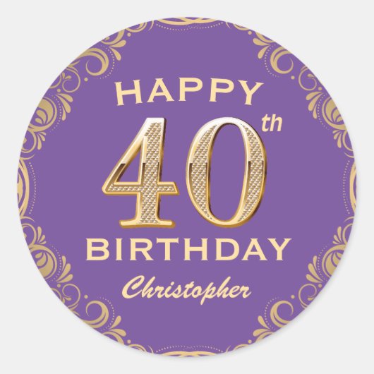 Sticker Rond 40e anniversaire fête violet et Parties scintillan (Devant)