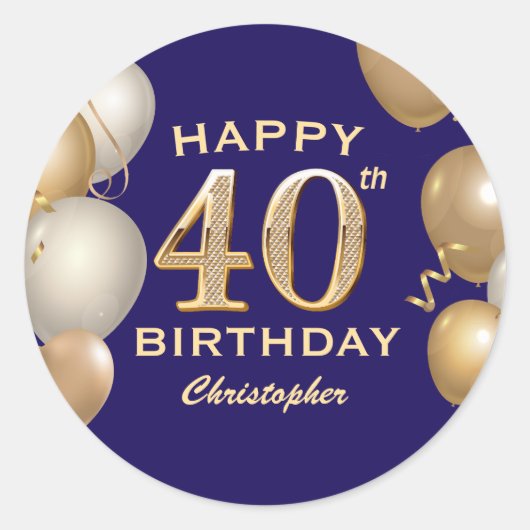 Sticker Rond 40e Anniversaire Marine Bleu et Ballons d'or (Devant)